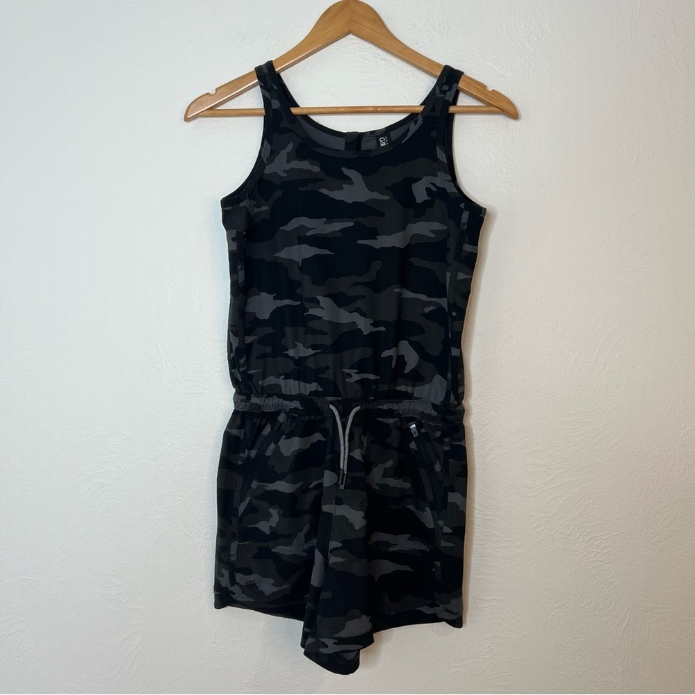 Athleta Girl On the Go Romper Camo Sleeveless Black Gray Drawstring Waist XL/14